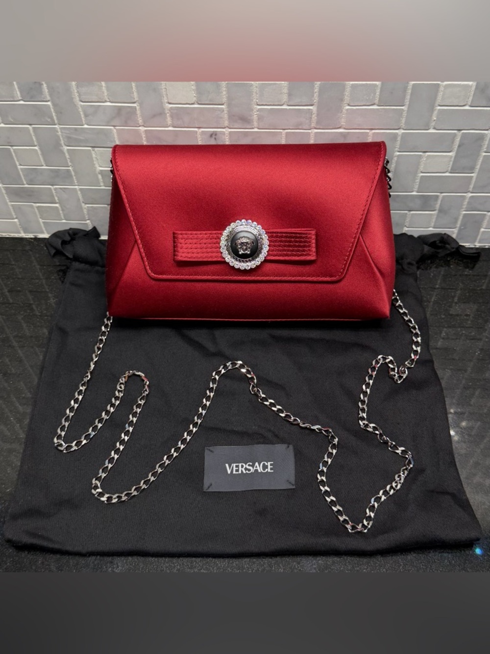 Versace Medusa Crystal Clutch Bag Red Satin Envelope Chain Shoulder Bag Italy